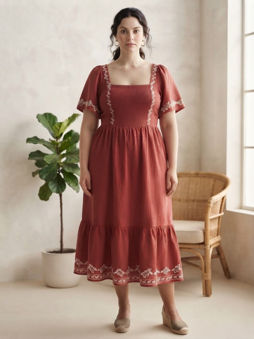 Old Navy Plus 4X Red Embroidered Smocked Midi Dress Square Neck Boho Cottagecore
